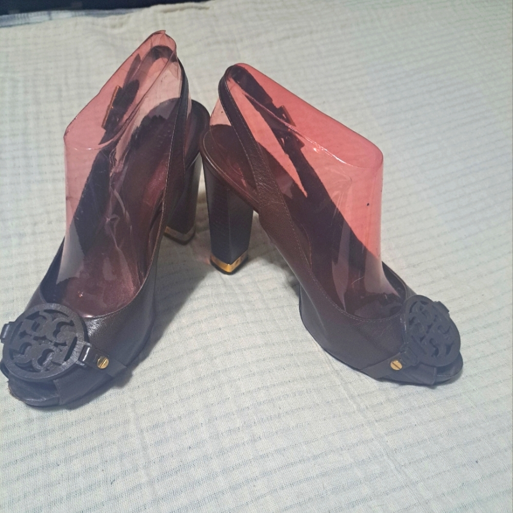 GUC Tory Burch Brown Leather Peep Toe Sling Back Heels SZ 9